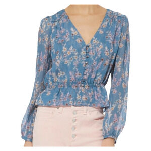 Intermix Womens Blue Silk Floral Peplum Ruffle Cottage Prairie Boho Blouse Small